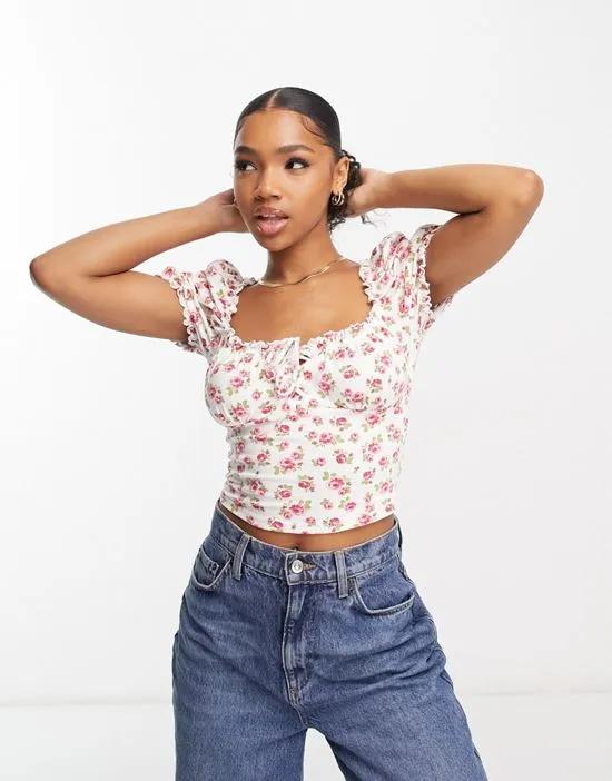 lace up milkmaid top in floral print