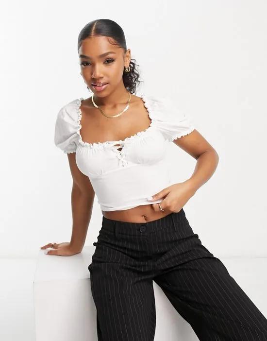 lace up milkmaid top in white