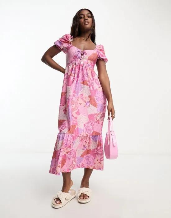 lace up patchwork maxi dress in pink