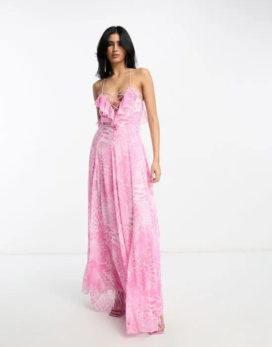 lace up ruffle cami maxi dress with godet in pink blurred animal print