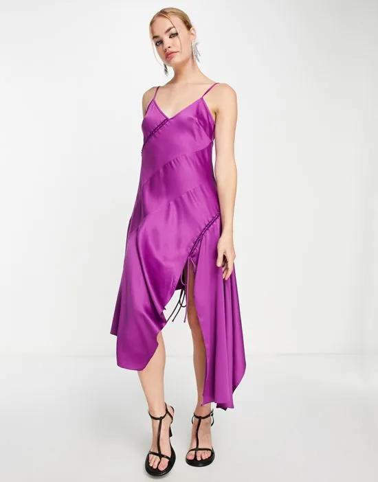 lace up satin midi slip dress in purple