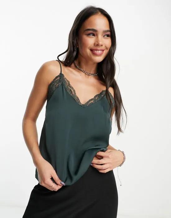 Lacey cami with lace detail in dark green