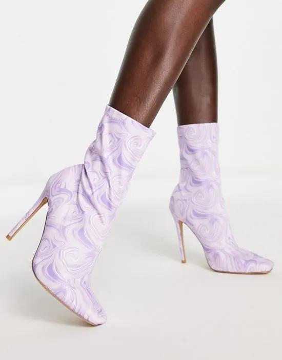 Lars high heeled sock boots in purple swirl print