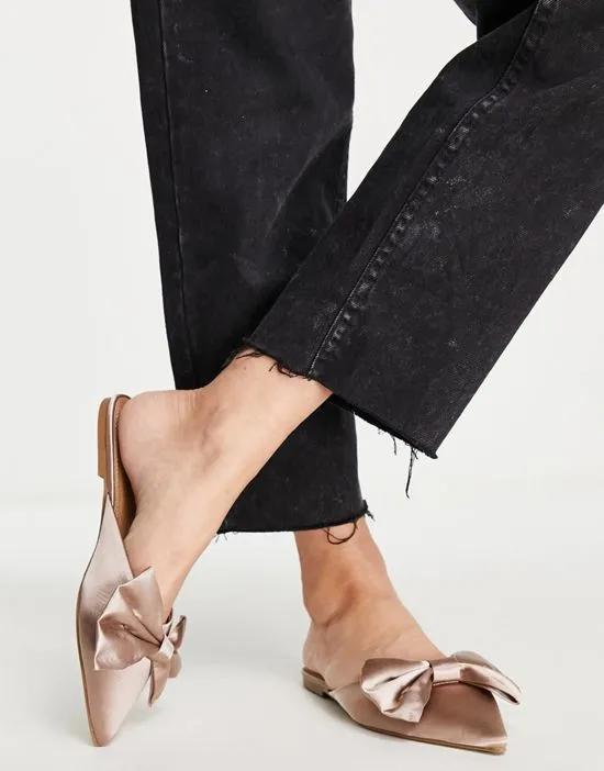 Lass oversized bow pointed flat mules in oyster satin