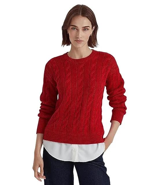 Layered Cotton-Blend Cable-Knit Sweater