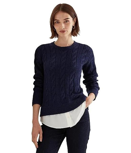 Layered Cotton-Blend Cable-Knit Sweater