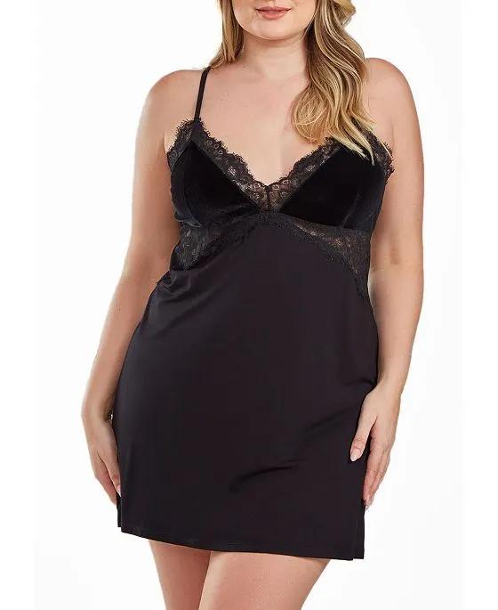 Layna Plus Size Velore and Velvet-Textured Lace Trimmed Chemise