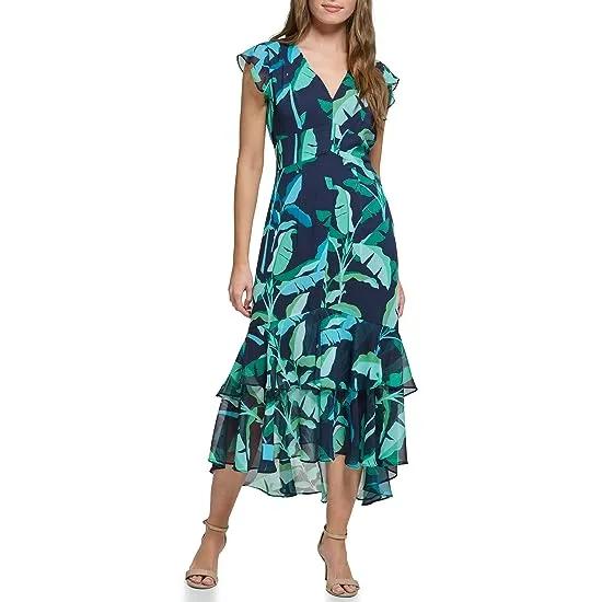 Leaf Print High-Low Dress
