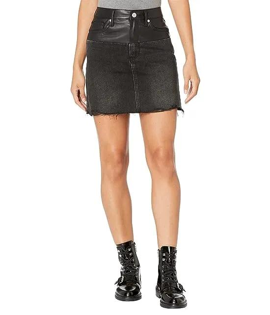 Leather and Denim Patchwork High-Rise Miniskirt with Raw Hem in Twist Of Fate