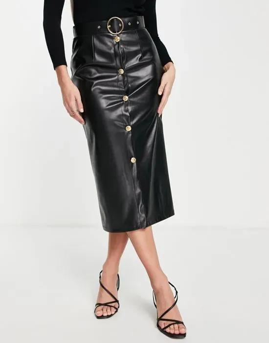 leather look button front midi skirt in black