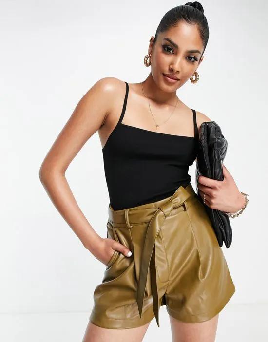leather look paperbag waist short in in khaki