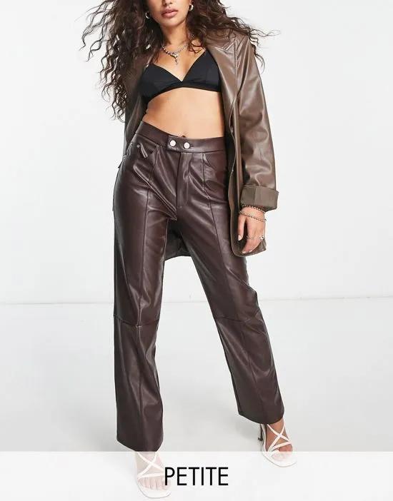 leather look straight leg pants in deep brown