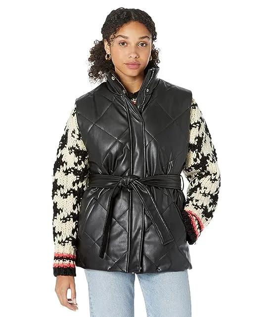 Leather Quilted Vest with Self Belt in Night Fever