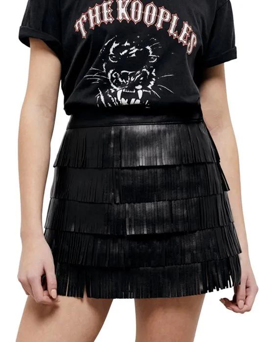 Leather Tiered Fringe Mini Skirt