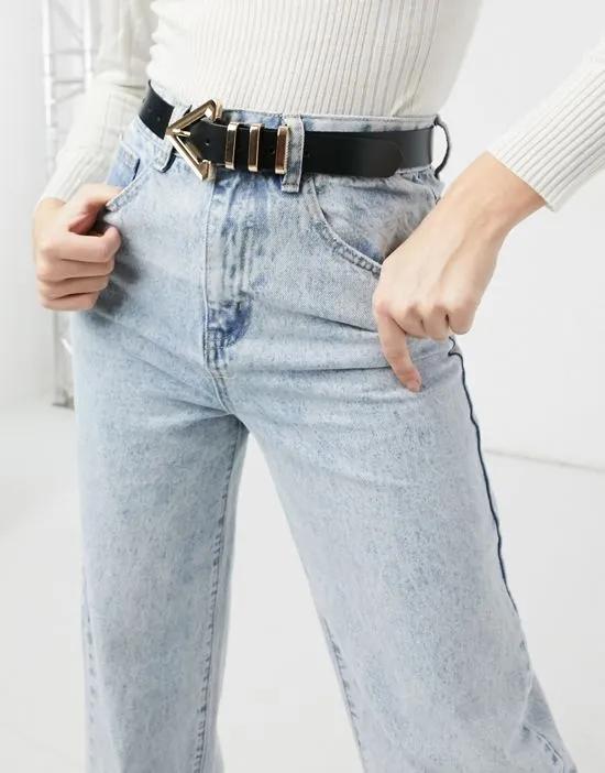 leather waist and hip jeans belt with triangle buckle and metal keepers