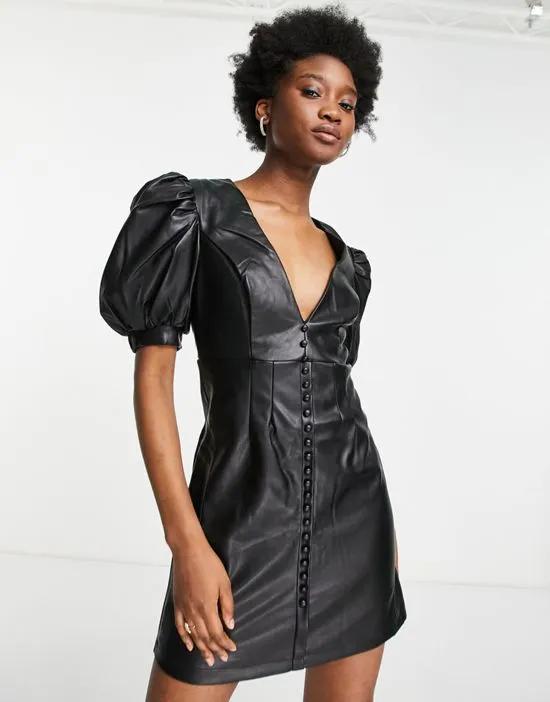 leatherette dress with puff sleeves in black
