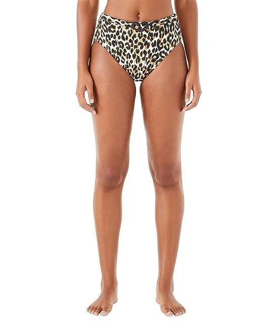 Leopard Heart Buckle Belted High-Waist Bikini Bottoms