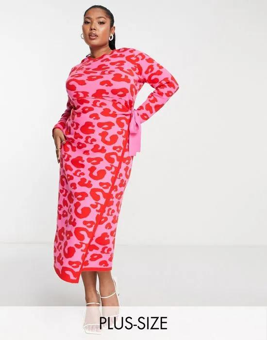 leopard knit wrap midi dress in pink and red
