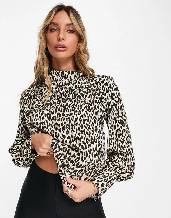 leopard print cowl neck blouse in brown