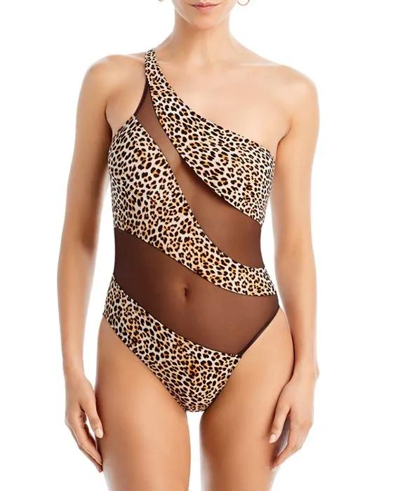 Leopard Print Mesh One Piece Swimsuit