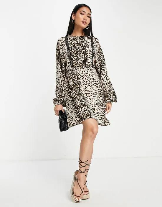 leopard print mini smock dress in brown