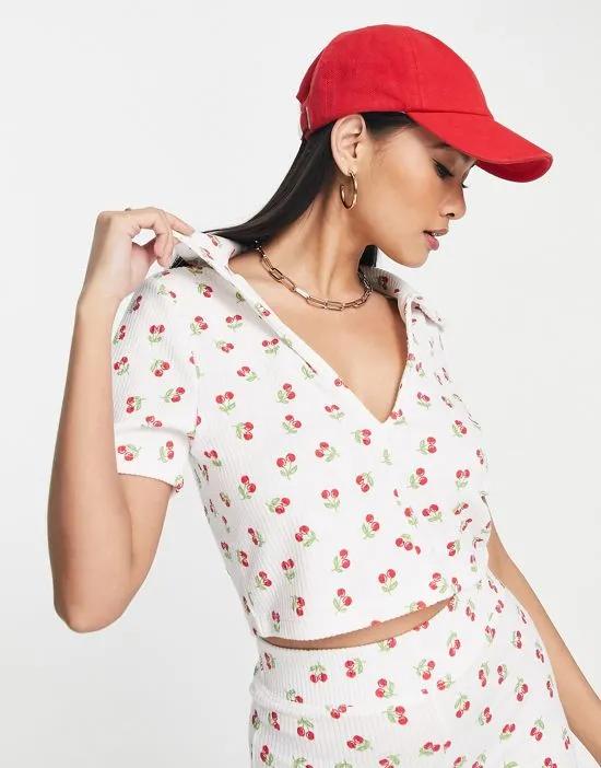 lexi rib v neck crop tee in red cherry print - part of a set