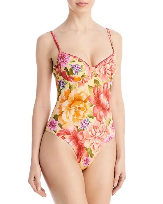 Lia Embellished Floral Print Underwire One Piece Swimsuit