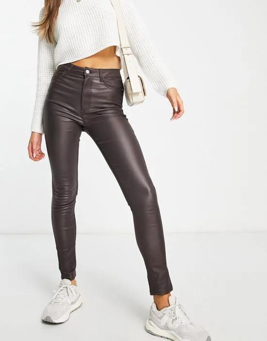 lift and shape high waisted super skinny coated jeans in dark brown