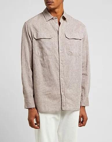 Light brown Linen shirt LINEN-COTTON PATCH-POCKET L/SLEEVE  SHIRT
