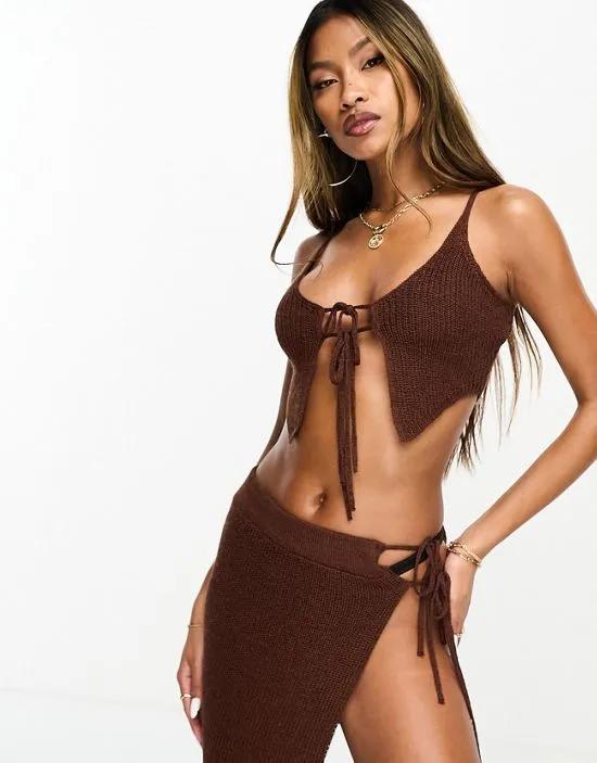light knit beach crop top with tie front detail in brown - part of a set