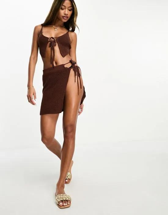light knit micro beach skirt with tie detail in brown - part of a set