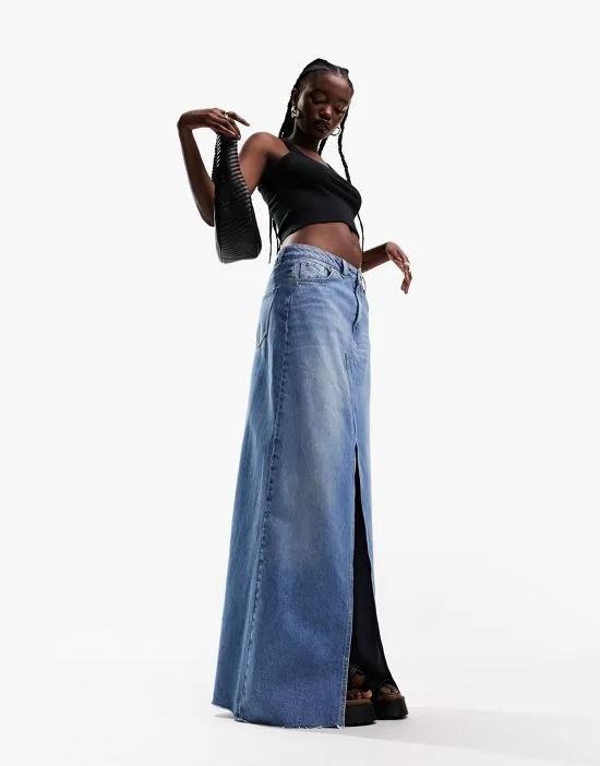 lightweight denim maxi skirt with split front in blue