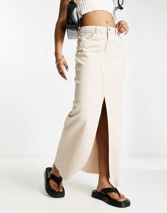 lightweight denim maxi skirt with split front in taupe