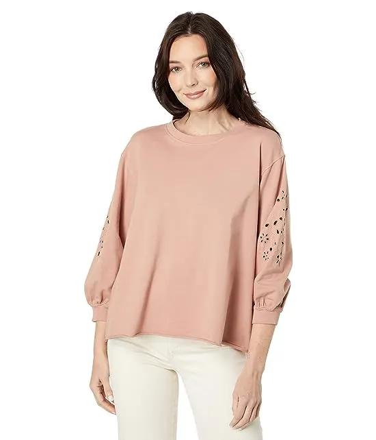 Lightweight French Terry 3/4 Puffed Sleeve Crew Neck Top with Cutout Detail