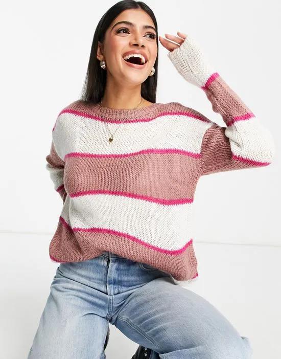 lightweight knit sweater in pink and white stripe