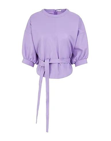 Lilac Leather Blouse LEATHER PUFF-SLEEVE WRAP BELTED TOP