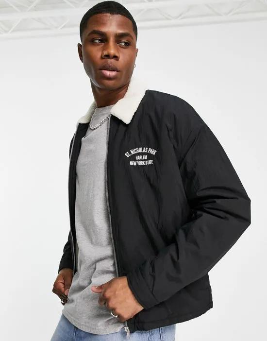 lined oversized coach jacket with borg collar in black