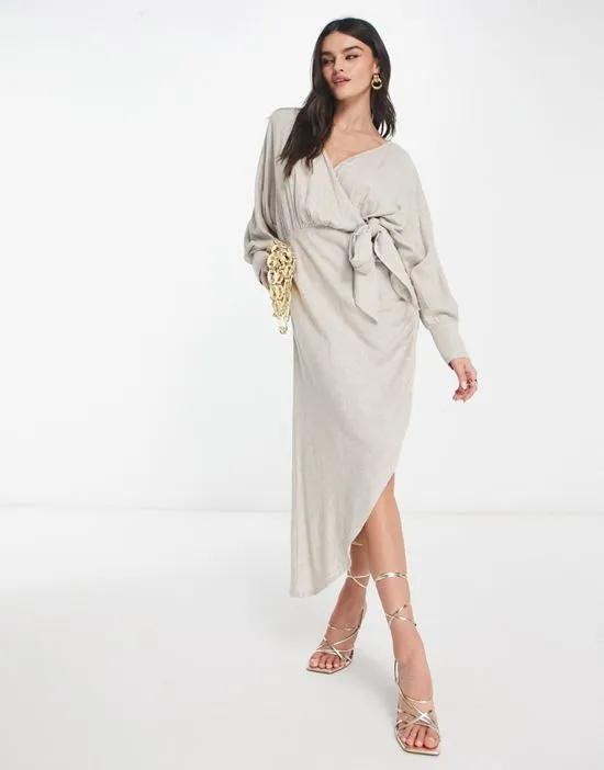 linen batwing tie side midi dress with asymmetric skirt in natural