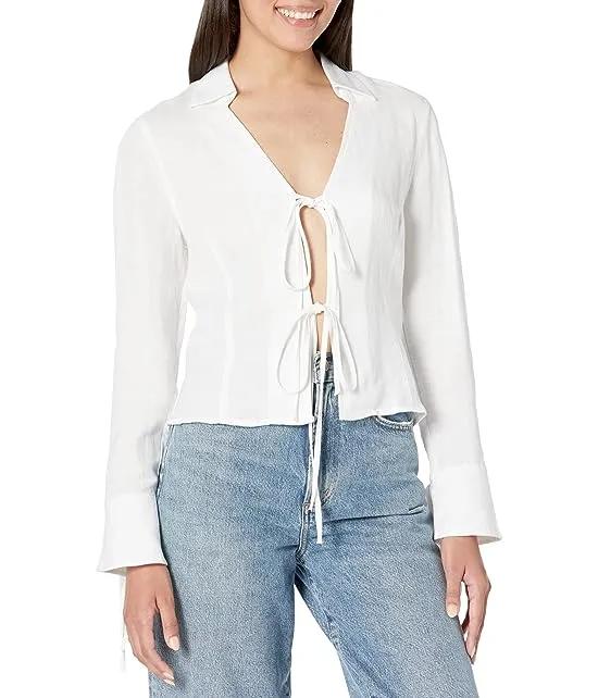 Linen Bell Sleeve Lace-Up Front Shirt in Skim Milk