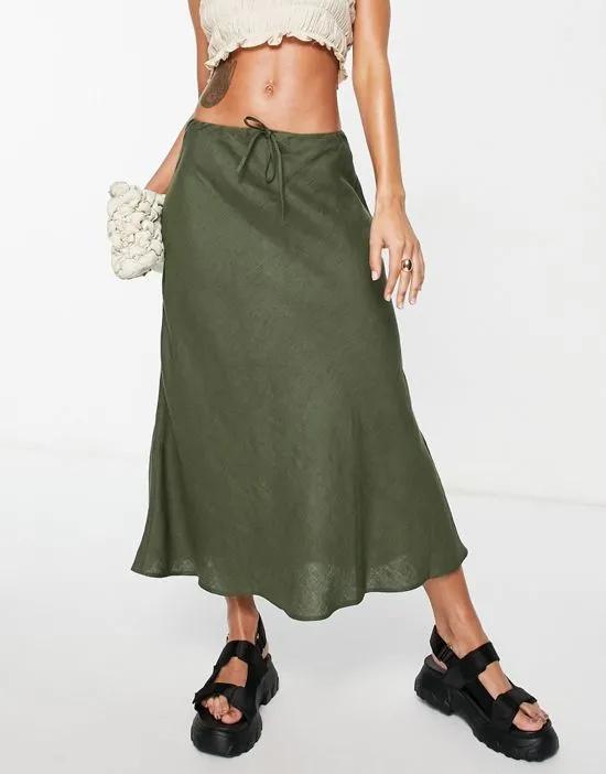 linen bias cut midi skirt in green