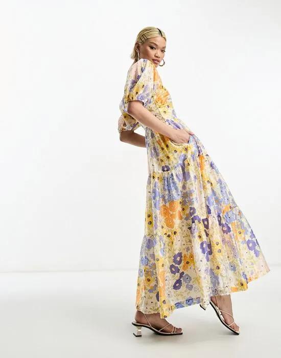 linen blend bustier midi dress in floral