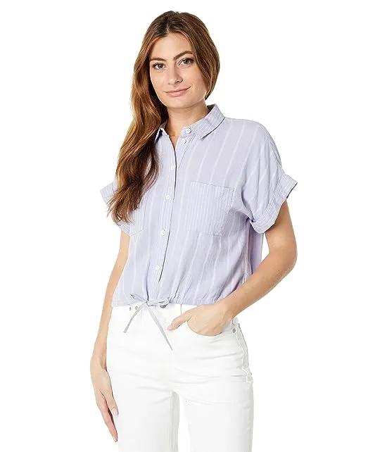 Linen-Blend Button-Up Drawstring Shirt in Stripe-Play