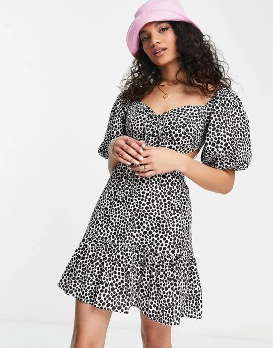 linen blend cut out mini tea dress in polka dot