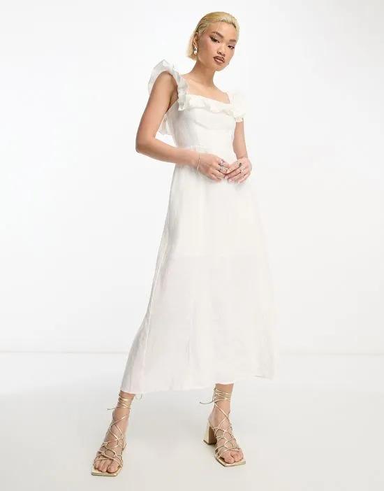 linen blend frill detail midaxi dress in white