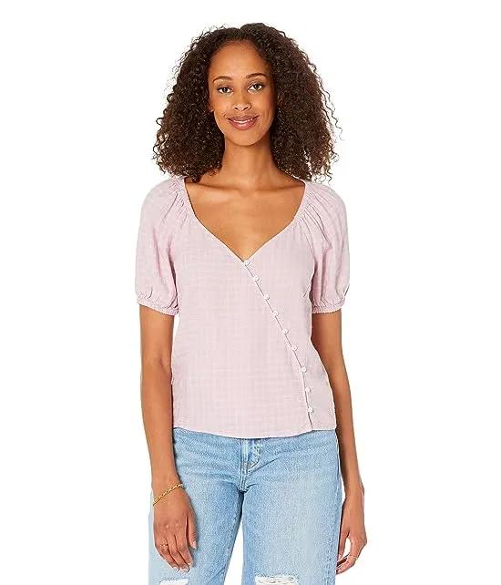 Linen-Blend Puff-Sleeve Button-Wrap Top in Plaid