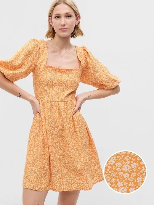 Linen-Blend Puff Sleeve Mini Dress