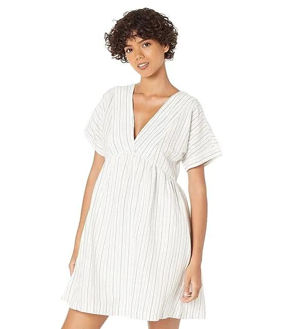 Linen-Blend V-Neck Dolman-Sleeve Mini Dress in Stripe