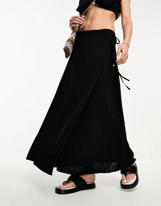 linen blend wrap maxi skirt in black
