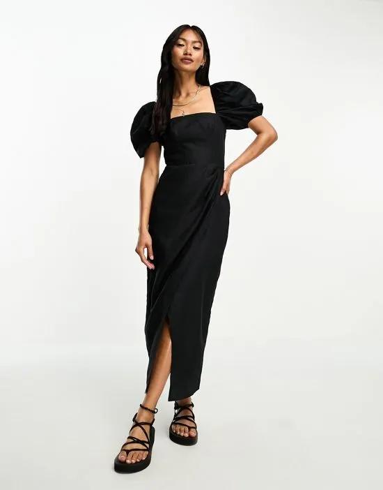 linen blend wrap midi dress in black