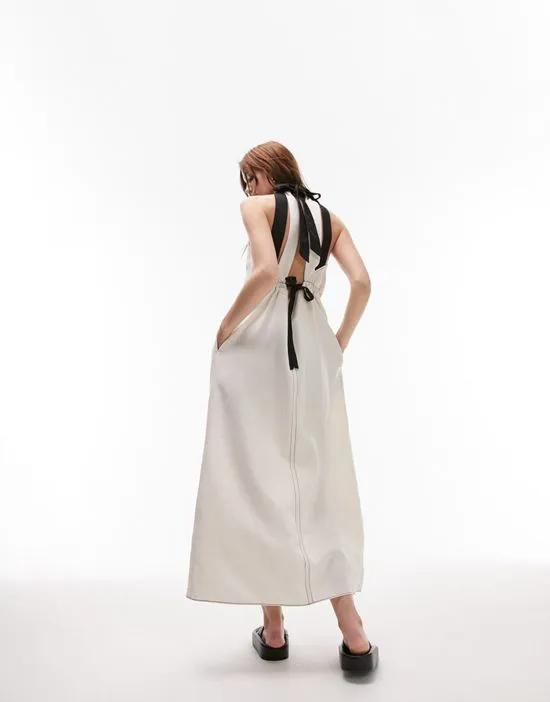 linen contrast tie chuck on maxi dress in ivory